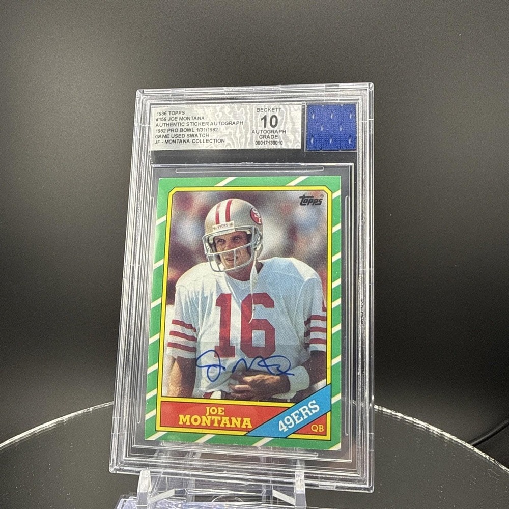 1986 Topps #156 Joe Montana Signed Game‎ Used Jersey Card Beckett Auto 10 49ers